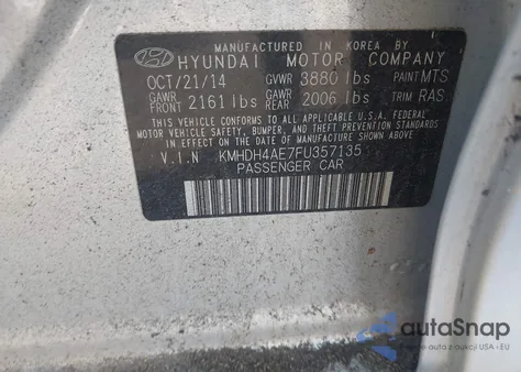 2015 Hyundai Elantra Se z USA, uszkodzony, nr VIN KMHDH4AE7FU357135